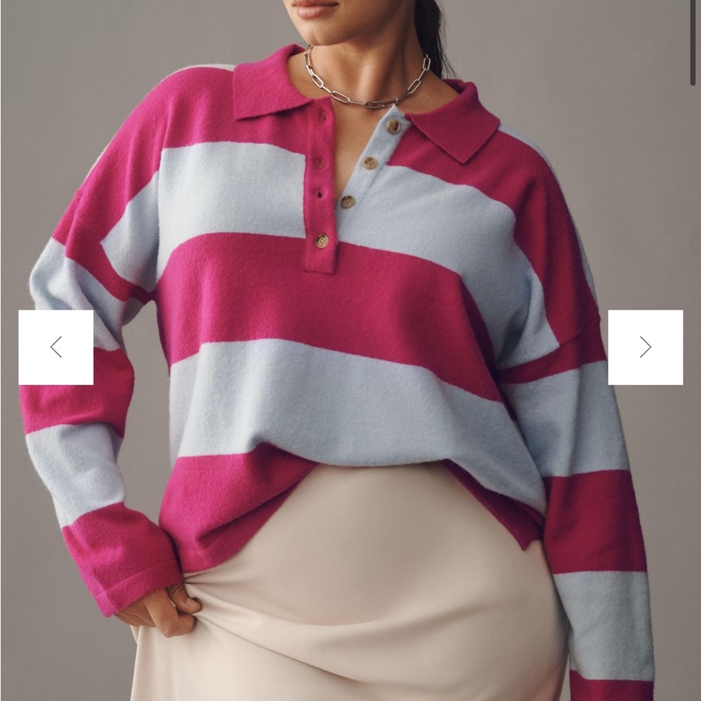 Maeve Pink and Light Blue Striped Polo Sweater